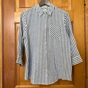 Chico's Blue and White Striped No Iron Linen Button-Up shirt